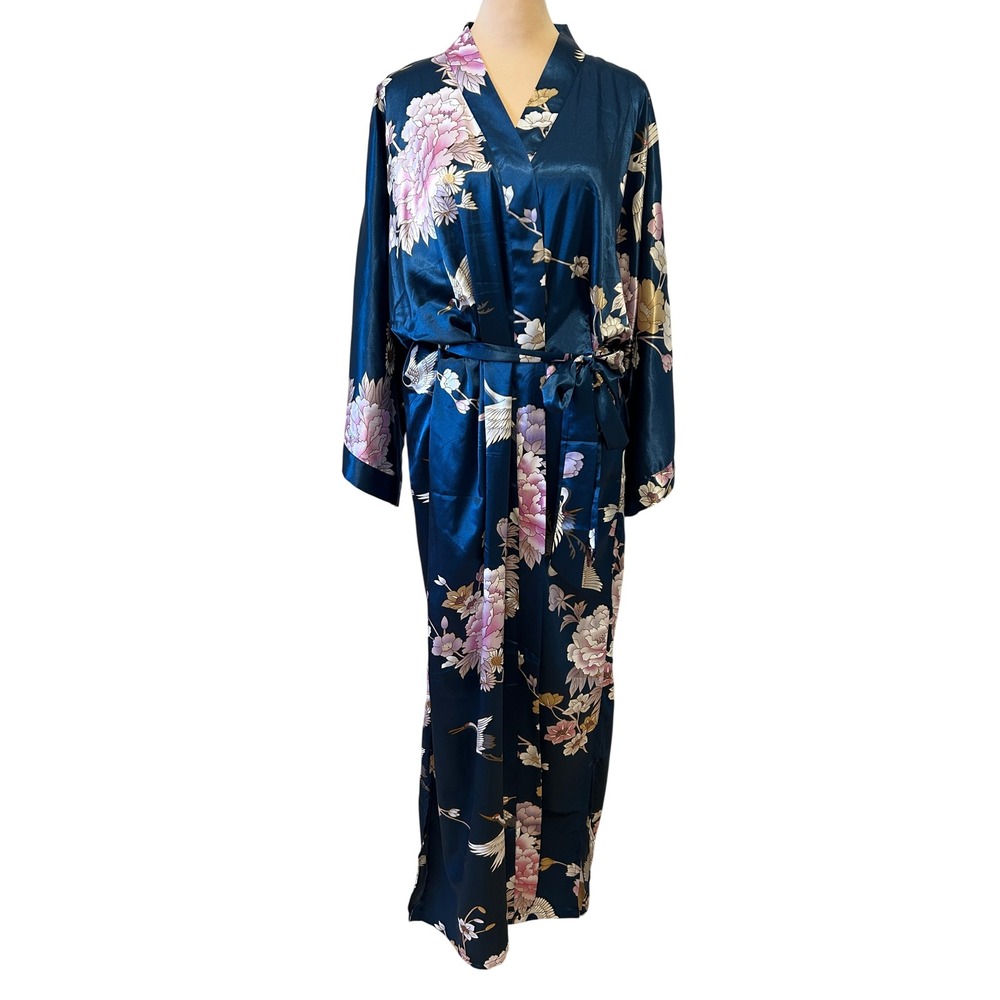 KIM + ONO Kimono Robe OS Deep Blue Asian Floral Crane Satin Long Duster Belted